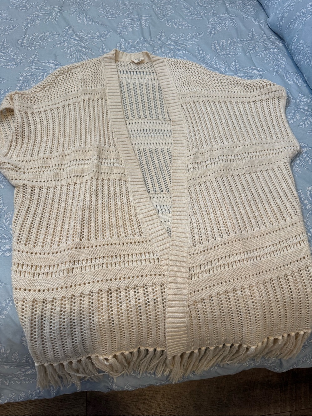 Open-Knit Fringe Cardigan Sweater in Cream